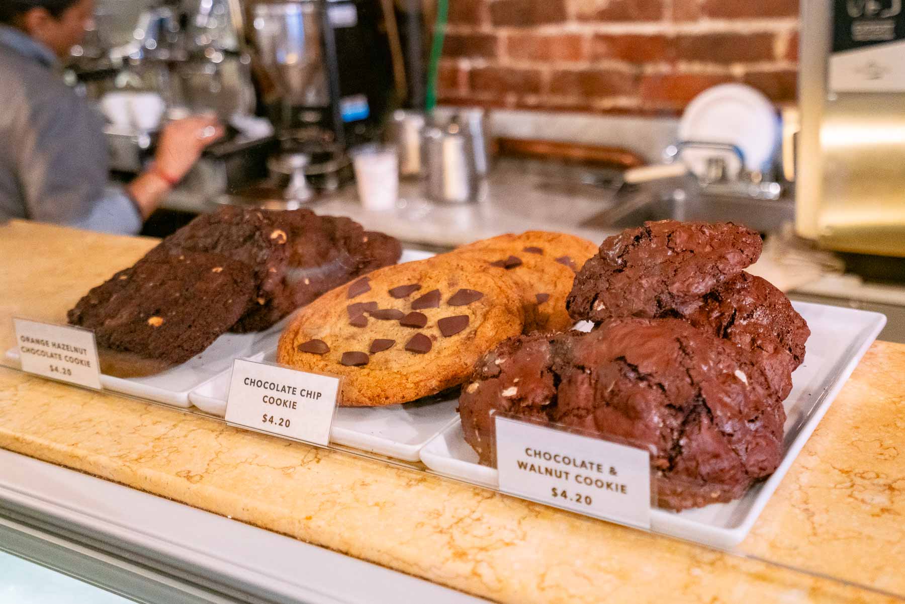 chocolate chip cookies on display at Almondine in DUMBO Brooklyn, a small bakery in the neighborhood. chocolate chip cookies on display at Almondine in DUMBO Brooklyn, a small bakery in the neighborhood.