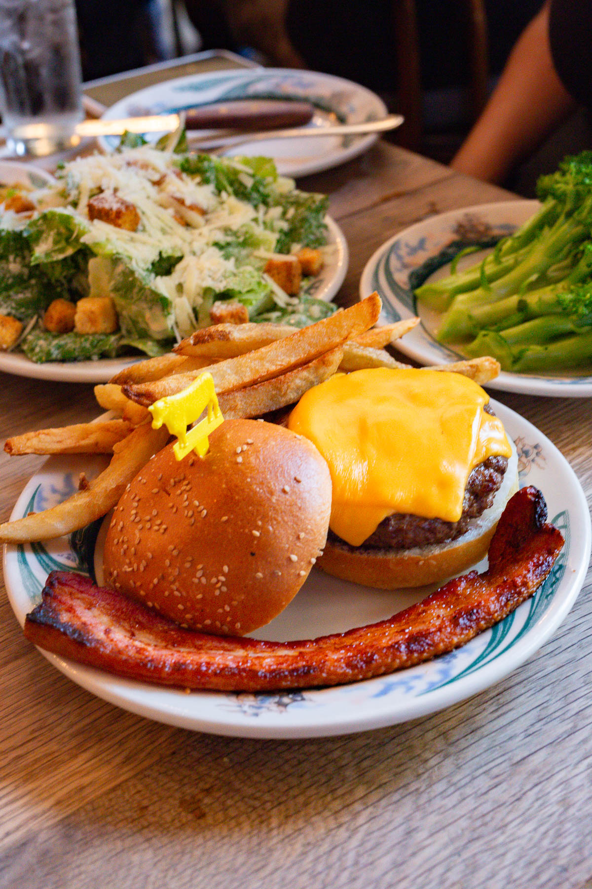 Peter Luger Burger with a side salad and broccoli, Best Burger NYC
